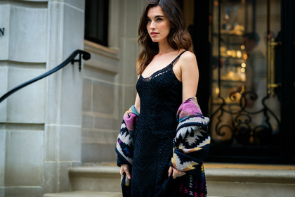 black bag, black dress, graphic jacket, leather bag, multicolor jacket, off the shoulder, patchwork, printed jacket, ralph lauren, frenchystyle, jonathan paciullo, street style, NYFW, NEW YORK, AUTUMN WINTER 2019-2020, AW 19-20, FALL WINTER 2019-2020, FW 19-20, fashion week, FW, atmosphere details, horizontal, detail