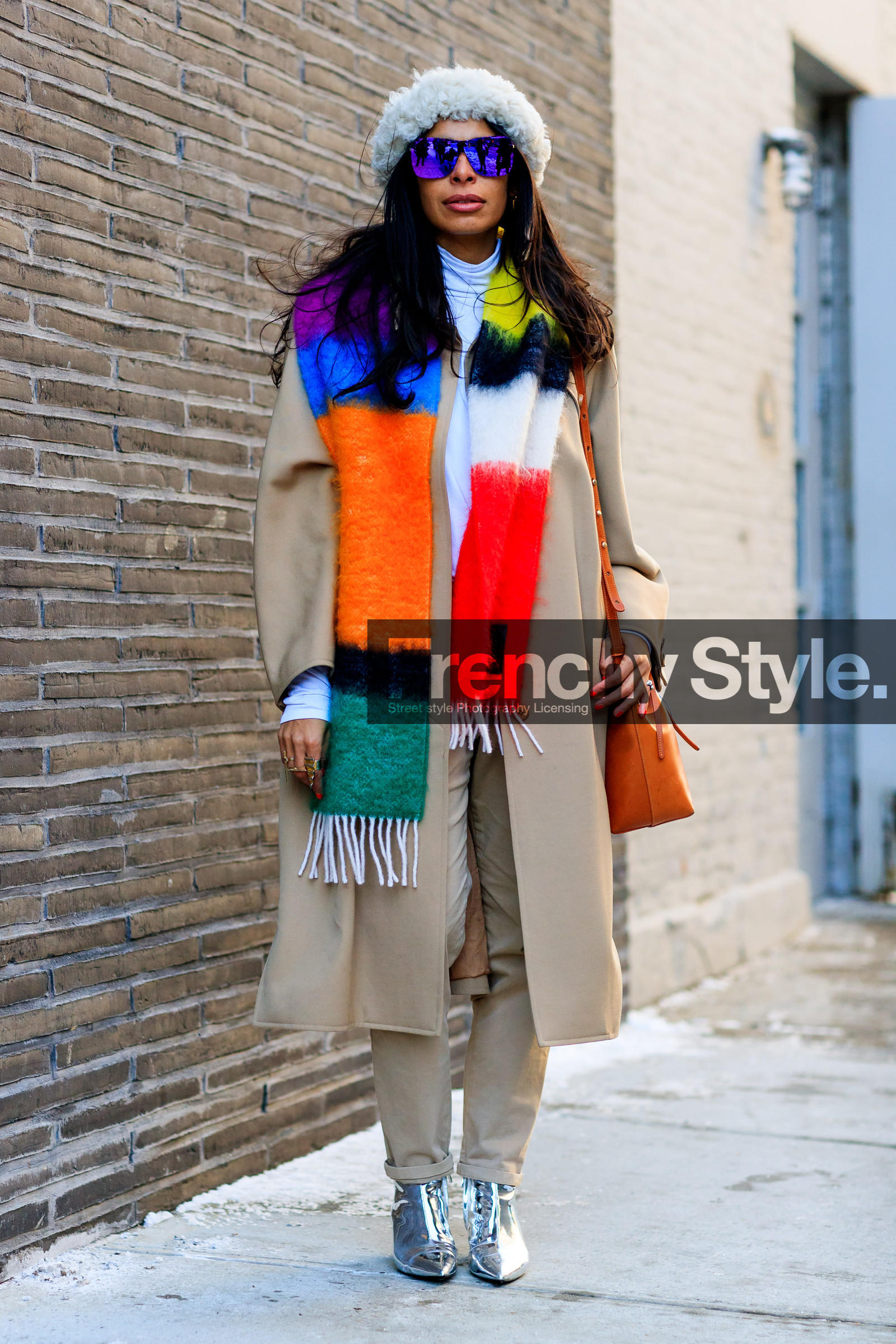 AUTUMN WINTER 2017-2018, AW 17-18, beige coat, beige pants, FALL WINTER 2017-2018, fashion week, frenchystyle, full length, FW, FW 17-18, jonathan paciullo, leather bag, leather shoes, loewe, NEW YORK, NYFW, printed scarf, shiny boots, silver shoes, street style, sunglasses, trousers, turtleneck sweater, vertical, white beanie, white sweater