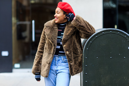 atmosphere details, AUTUMN WINTER 2016-2017, AW 16-17, beret, black sweater, blue denim, brown fur, brown jacket, denim pants, detail, FALL WINTER 2016-2017, fashion week, frenchystyle, fur jacket, FW, FW 16-17, horizontal, jeans, jonathan paciullo, NEW YORK, NYFW, printed sweater, red hat, street style, striped sweater, tamu mcpherson, trousers, woman