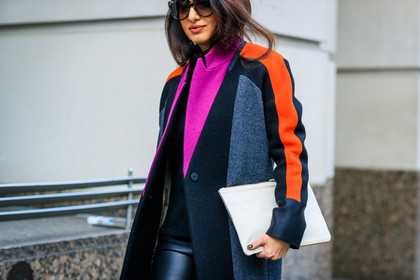 atmosphere details, AUTUMN WINTER 2017-2018, AW 17-18, black leggings, black pants, black sweater, detail, FALL WINTER 2017-2018, fashion week, frenchystyle, FW, FW 17-18, graphic coat, horizontal, jonathan paciullo, leather bag, leather clutch, leather pants, LFW, LONDON, multicolor jacket, nausheen shah, patchwork, printed coat, street style, sunglasses, trousers, white clutch