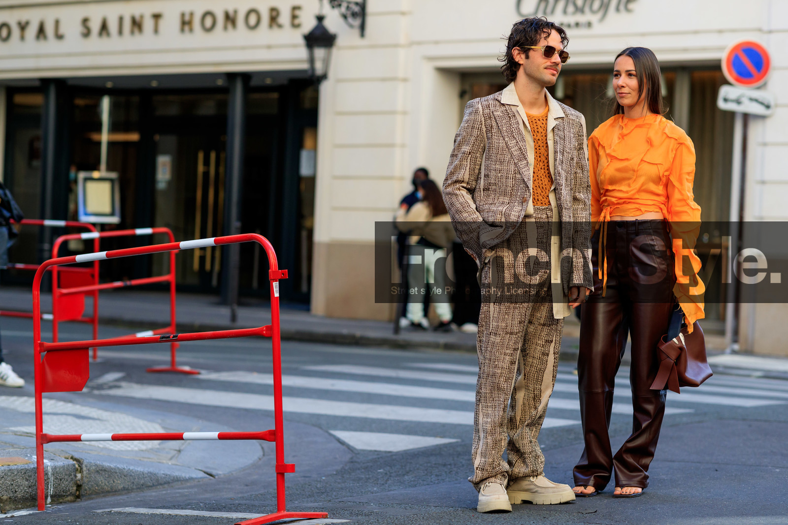 orange blouse, drape blouse, cropped blouse, silk blouse, burgundy leather pants, burgundy leather bag, flare pants, acne studios bag, acne studios look, acne studios pants, acne studios blouse, hand bag, alice barbier, acne studios jacket, acne studios look, orange top, fishnet top, monogrammed jacket, monogrammed pants, monogrammed look, beige jacket, beige pants, beige suits, printed jacket, printed pants, logo all over, logo printed jacket, logo printed pants, aviator sunglasses, sheer sunglasses, beige shoes, beige suede shoes, big sole derbies, big sole shoes, beige derbies, beige suede derbies, JS roques, fashion week, frenchystyle, FW, jonathan paciullo, street style, PFW, PARIS, SPRING SUMMER 2022, SS 22, horizontal, atmosphere details, full length