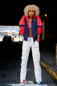 blue sneakers, bra, cropped top, fashion week, fila, frenchystyle, full length, FW, jonathan paciullo, NEW YORK, NYFW, red jacket, red sneakers, SPRING SUMMER 2018, SS 18, street style, trousers, vertical, white pant