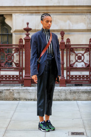 model, navy blue jacket, black leather pants, cropped pants, striped top, black top, white top, turtleneck top, crossbody bag, brown leather bag, chloe bag, hair details, plaited hair, high waist pants, nike shoes, air max sneakers, green sneakers, black sneackers, fashion week, frenchystyle, FW, jonathan paciullo, street style, vertical, full length