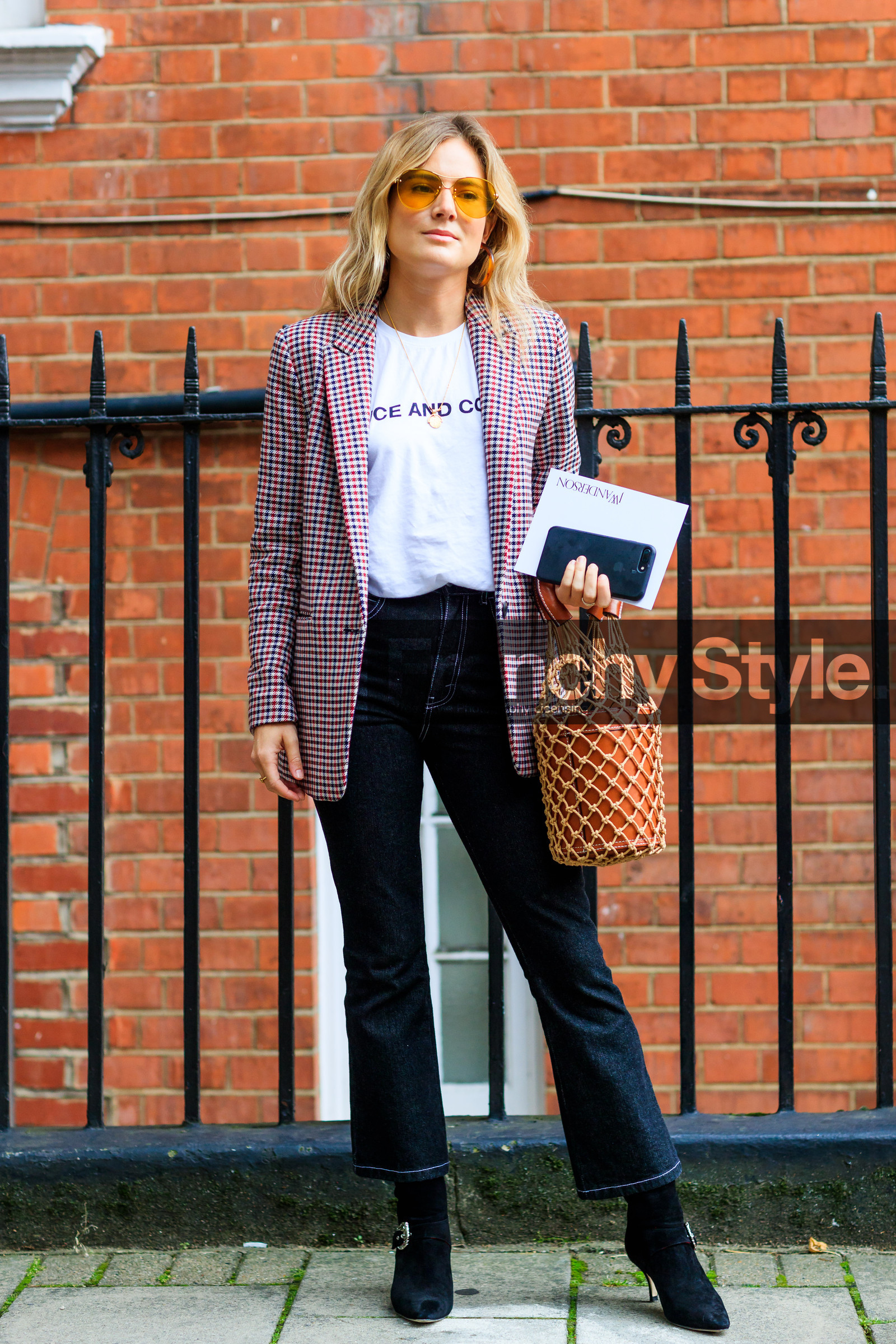 black denim, black shoes, blazer, brown bag, checked jacket, denim pants, fashion week, frenchystyle, full length, FW, graphic jacket, high heels, jeans, jonathan paciullo, leather bag, leather shoes, LFW, LONDON, net shopper, plaid, printed jacket, SPRING SUMMER 2018, SS 18, street style, trousers, vertical, white t shirt