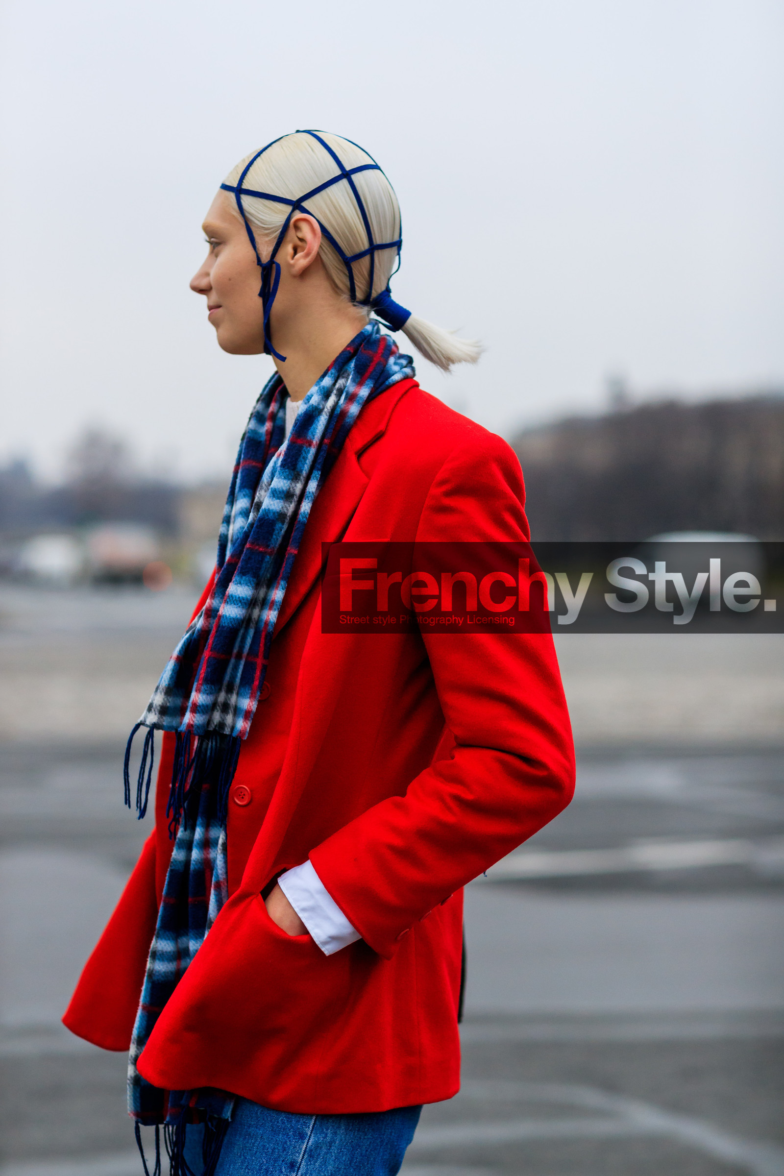 blazer, blue scarf, headband, printed scarf, red jacket, tartan, trousers, fashion week, frenchystyle, FW, jonathan paciullo, street style, PFW, PARIS, SPRING SUMMER 2017, SS 17, HAUTE COUTURE, vertical, detail, model