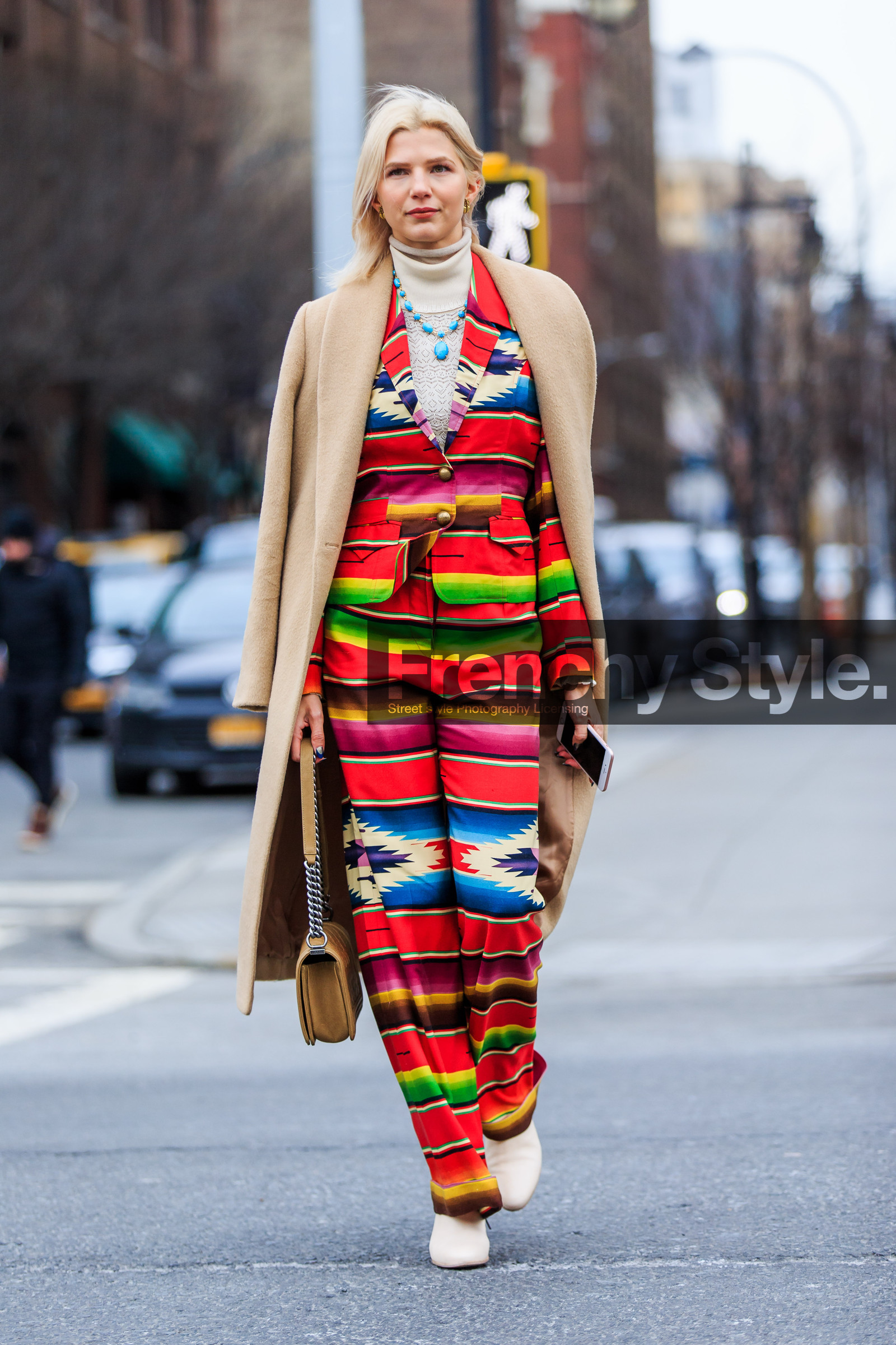 AUTUMN WINTER 2016-2017, AW 16-17, beige, beige coat, blazer, blue, boy bag, camel bag, camel jacket, chanel, embroidered jacket, embroidered pants, fashion week, frenchystyle, full length, FW, FW 16-17, geometric, graphic, green, jonathan paciullo, leather bag, multicolor, NEW YORK, NYFW, orange, peruvian, printed pants, printed suitcase, red, red jacket, red suit, Samantha Angelo, street style, striped pants, stripes, turtleneck sweater, vertical, white sweater, woman, yellow