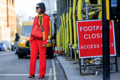high heels, leather bag, leather shoes, printed scarf, red bag, red boots, red jacket, red pants, red suit, sunglasses, trousers, yellow scarf, fashion week, frenchystyle, FW, jonathan paciullo, street style, LFW, LONDON, AUTUMN WINTER 2018-2019, AW 18-19, FALL WINTER 2018-2019, FW 18-19, horizontal, atmosphere details, full length
