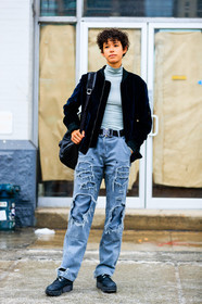 AUTUMN WINTER 2017-2018, AW 17-18, backpack, black bag, black boots, black jacket, blue denim, bomber jacket, denim pants, FALL WINTER 2017-2018, fashion week, frenchystyle, full length, FW, FW 17-18, grey top, janiece dilone, jeans, jonathan paciullo, leather bag, leather boots, model, NEW YORK, NYFW, ripped pants, street style, trousers, vertical