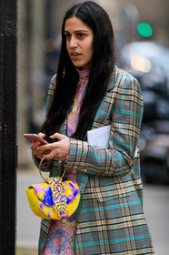 light pink dress, lace dress, floral embroidered dress, checked coat, plaid coat, light blue coat, beige coat, yellow bag, printed bag, strassed bag, purple bag, lilac dress, light green dress, light yellow dress, high collar dress, fashion week, frenchystyle, FW, jonathan paciullo, street style, PFW, PARIS, vertical, atmosphere details, detail