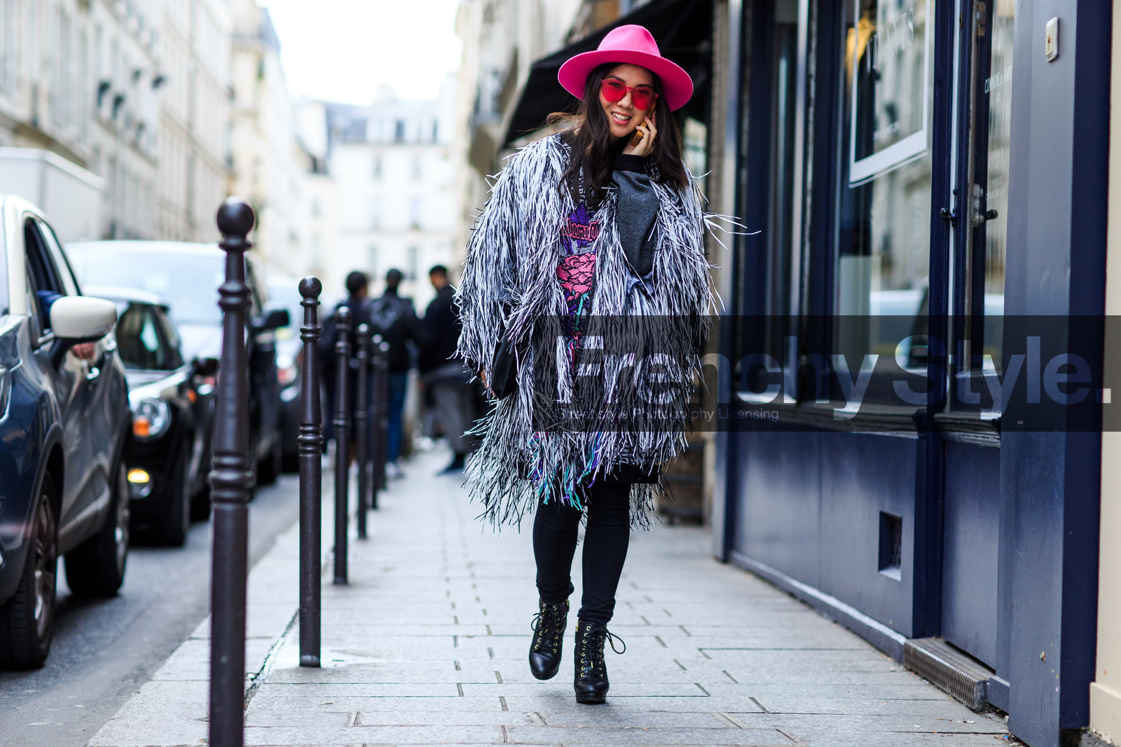 atmosphere details, AUTUMN WINTER 2016-2017, AW 16-17, black boots, black denim, denim pants, FALL WINTER 2016-2017, fashion week, feathers, frenchystyle, full length, fun sunglasses, fur coat, fur jacket, FW, FW 16-17, grey coat, grey fur, grey jacket, high heels, horizontal, jeans, jonathan paciullo, lace up shoes, leather boots, PARIS, PFW, pink hat, street style, trousers