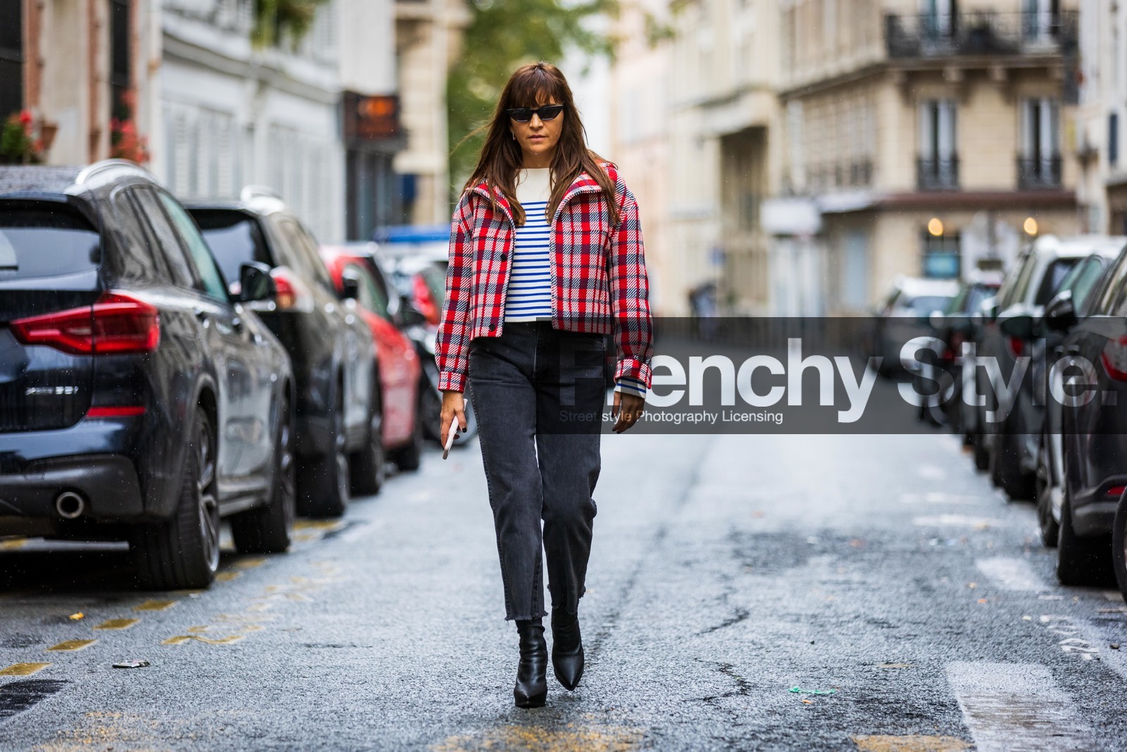 black boots, black sunglasses, blue stripes, boots, check, checked jacket, denim, grey denim, grey jean, jacket, jean, Laure Hériard-Dubreuil, mariniere, print, printed jacket, red jacket, striped knitwear, sunglasses, white knitwear, fashion week, frenchystyle, FW, jonathan paciullo, street style, PFW, PARIS, SPRING SUMMER 2022, SS 22, horizontal, atmosphere details, full length