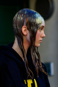 model, glitter face, glitter hair, make up, make up details, hair details, black jacket, black hoodie, moncler hoodie, printed hoodie, close up detail, strassed make up, fashion week, frenchystyle, FW, jonathan paciullo, street style, MFW, MILAN, AUTUMN WINTER 2020-2021, FALL WINTER 2020-2021, FW 20-21, vertical, atmosphere details, detail, portrait