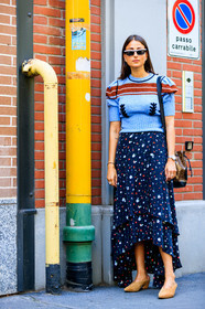 beige shoes, blue skirt, blue sweater, brown bag, fendi, floral, flowers, graphic bag, graphic skirt, graphic sweater, julia haghjoo, leather bag, leather shoes, monogram, printed bag, printed skirt, printed sweater, sunglasses, watch, street style, jonathan paciullo, FW, frenchystyle, fashion week, MFW, MILAN, SPRING SUMMER 2019, SS 19, vertical, full length