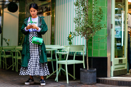 adidas, atmosphere details, black and white, black sneakers, chanel, checked skirt, earrings, fashion week, frenchystyle, full length, FW, graphic skirt, green bag, green jacket, horizontal, jonathan paciullo, leather bag, LFW, LONDON, parka, plaid, printed skirt, SPRING SUMMER 2017, SS 17, street style, white t shirt, woman