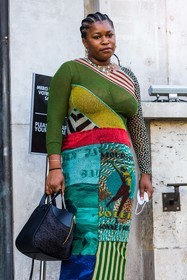 bag, black bag, black boots, boots, color, dots, dress, gold necklace, green dress, jean paul gaultier dress, leather bag, loewe bag, long dress, multicolor, necklace, patchwork, print, printed dress, stripes, studs boots, transparent dress, vinyl boots, fashion week, frenchystyle, FW, jonathan paciullo, street style, PFW, PARIS, SPRING SUMMER 2022, SS 22, vertical, atmosphere details