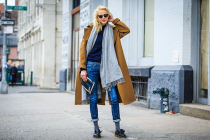atmosphere details, AUTUMN WINTER 2016-2017, AW 16-17, aymeline valade, black shoes, blue denim, blue sweater, brogues, brown coat, camel jacket, denim pants, fashion week, frenchystyle, full length, FW, FW 16-17, grey scarf, horizontal, jeans, jonathan paciullo, leather shoes, model, navy sweater, NEW YORK, NYFW, street style, sunglasses, trousers, woman