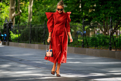 black shoes, bottega veneta, fishnet, graphic bag, high heels, leather bag, leather shoes, multicolor bag, nina suess, printed bag, red dress, see through, stripes, sunglasses, fashion week, frenchystyle, FW, jonathan paciullo, street style, NEW YORK, NYFW, SPRING SUMMER 2020, SS 20, horizontal, atmosphere details, full length