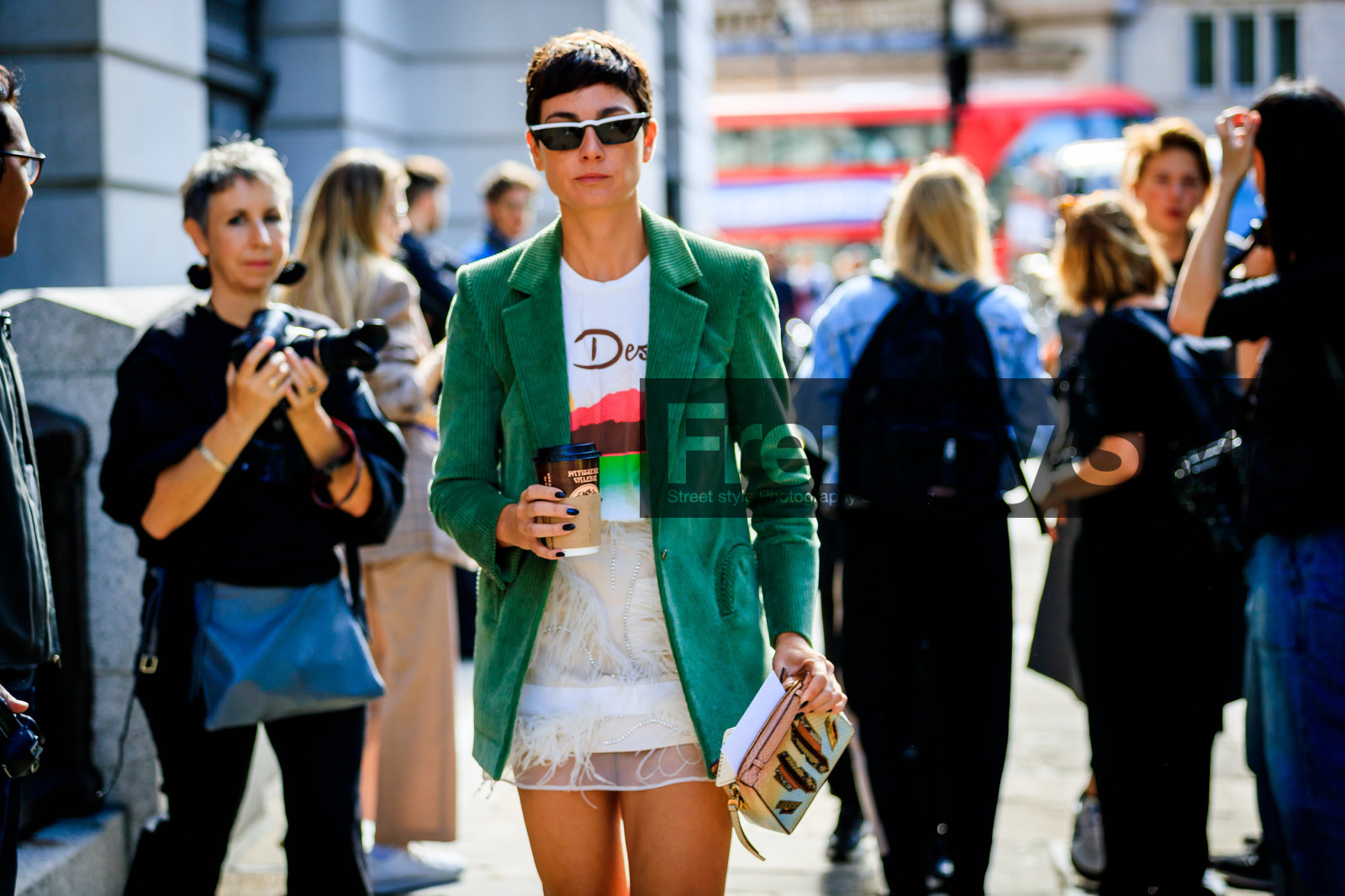 beige bag, blazer, corduroy, embroidered skirt, eva geraldine fontanelli, feathers, green jacket, leather bag, printed t shirt, sunglasses, white skirt, white t shirt, fashion week, frenchystyle, FW, jonathan paciullo, street style, LFW, LONDON, SPRING SUMMER 2019, SS 19, atmosphere details, horizontal, detail