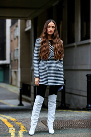 balenciaga, black and white, blazer, checked, erika boldrin, gingham, graphic jacket, high boots, high heels, leather shoes, plaid, printed jacket, white boots, street style, jonathan paciullo, FW, frenchystyle, fashion week, LFW, LONDON, AUTUMN WINTER 2019-2020, AW 19-20, FW 19-20, FALL WINTER 2019-2020, vertical, full length