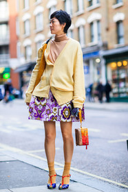 blue shoes, brown socks, fashion week, frenchystyle, full length, FW, graphic bag, graphic shoes, high heels, jonathan paciullo, leather bag, leather shoes, LFW, LONDON, orange bag, printed skirt, purple skirt, red bag, SPRING SUMMER 2018, SS 18, street style, vertical, yellow bag, yellow sweater