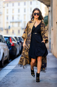 dior coat, yellow coat, floral printed coat, animal print coat, animal printed coat, fringe coat, navy blue coat, woolen coat, black dress, low necked dress, belted dress, mini dress, black leather boots, black suede boots, low boots, golden boots, fashion week, frenchystyle, FW, jonathan paciullo, street style, MFW, MILAN, AUTUMN WINTER 2020-2021, FALL WINTER 2020-2021, FW 20-21, vertical, full length
