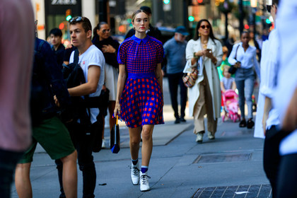 black bag, blue, blue dress, checked, earrings, graphic dress, hannah baxter, leather bag, leather shoes, plaid, printed dress, red, white shoes, fashion week, frenchystyle, FW, jonathan paciullo, street style, NEW YORK, NYFW, SPRING SUMMER 2020, SS 20, horizontal, atmosphere details, full length