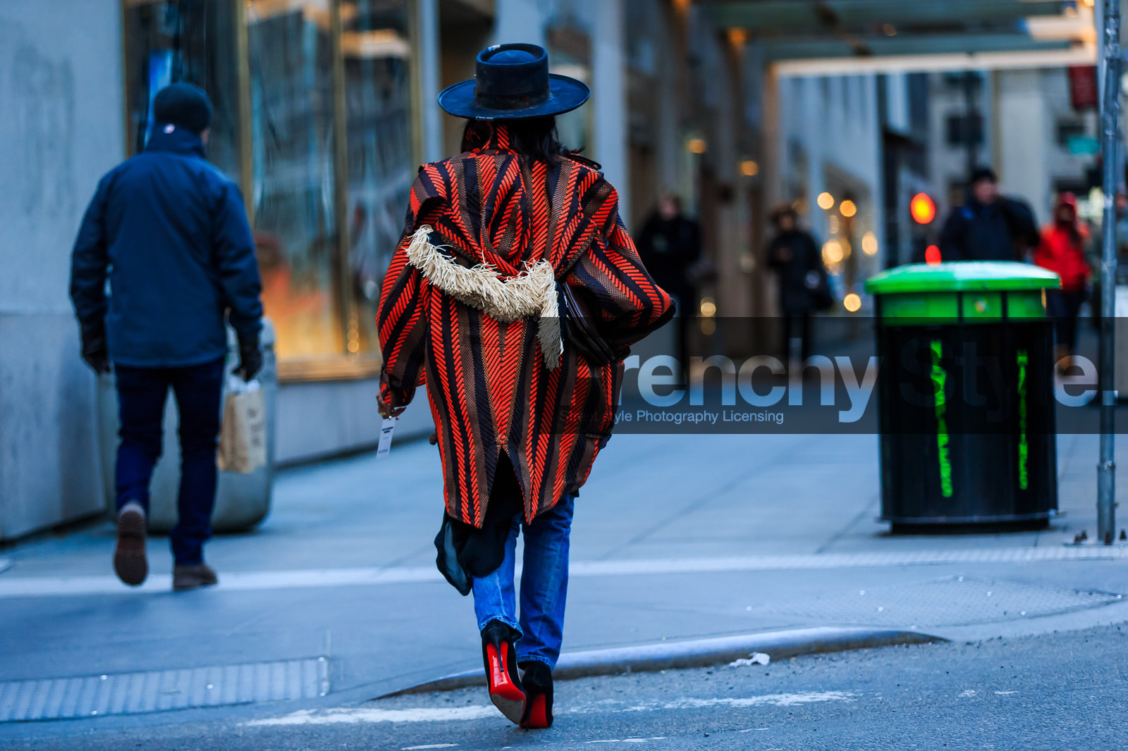 atmosphere details, AUTUMN WINTER 2016-2017, AW 16-17, black hat, black heels, blue denim, brown bag, christian louboutin, denim pants, embroidered coat, fashion week, frenchystyle, full length, FW, FW 16-17, high heels, horizontal, jeans, jonathan paciullo, leather bag, mini bag, NEW YORK, NYFW, red coat, street style, suede shoes, trousers, woman