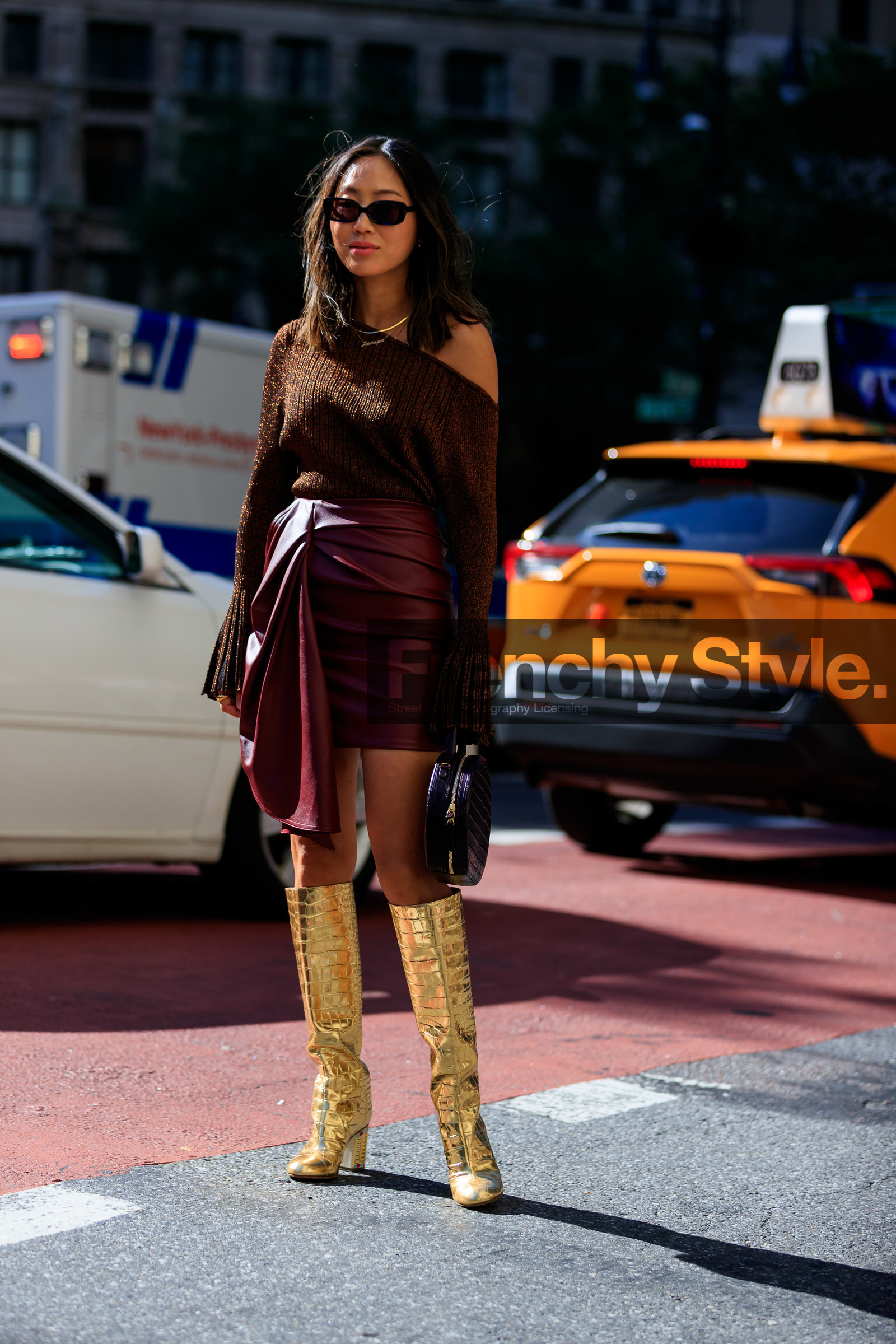 aimee song, black bag, bordeaux, brown sweater, burgundy, golden boots, high boots, high heels, leather bag, leather shoes, leather skirt, mansur gabriel, one shoulder, red skirt, shiny shoes, sunglasses, fashion week, frenchystyle, FW, jonathan paciullo, street style, NEW YORK, NYFW, SPRING SUMMER 2020, SS 20, vertical, full length