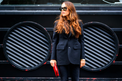 balenciaga, black denim, black jacket, blazer, denim pants, evangelie smyrniotaki, jeans, leather bag, long hair, red bag, sunglasses, trousers, fashion week, frenchystyle, FW, jonathan paciullo, street style, LFW, LONDON, SPRING SUMMER 2019, SS 19, atmosphere details, horizontal, detail