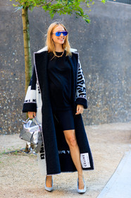 balenciaga, black and white, black shorts, black t shirt, céline, graphic jacket, grey shoes, high heels, leather bag, leather shoes, loewe, necklace, pernille teisbaek, printed jacket, shiny bag, silver bag, sunglasses, white coat, fashion week, frenchystyle, FW, jonathan paciullo, street style, LFW, LONDON, SPRING SUMMER 2019, SS 19, vertical, full length