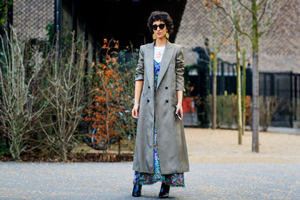 atmosphere details, AUTUMN WINTER 2017-2018, AW 17-18, black shoes, blue dress, earrings, embroidered dress, FALL WINTER 2017-2018, fashion week, frenchystyle, full length, FW, FW 17-18, grey coat, horizontal, jonathan paciullo, leather shoes, LFW, LONDON, long dress, multicolor dress, printed t shirt, sequined dress, short hair, silk jacket, street style, sunglasses, white t shirt, yasmin sewell