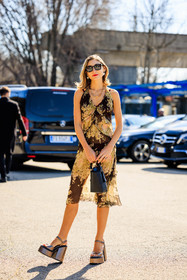 black sunglasses, red lips: pearl earrings, midi dress, printed dress, flowered dress, brown dress, multicolor dress, platform shoes, shiny sandals, black handbag, jenny walton, fashion week, frenchystyle, FW, jonathan paciullo, street style, vertical, full length