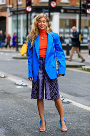 emili sindlev, blue jacket, orange pullover, turtleneck pullover, chanel bag, chanel necklace, purple bermuda shorts, leather bermuda shorts, animal skin bermuda shorts, pearl necklace, strassed necklace, blue sandals, feather details, strassed sandals, satin sandals, ankle bracelet, shoulder bag, fashion week, frenchystyle, FW, jonathan paciullo, street style, LFW, LONDON, AUTUMN WINTER 2020-2021, FALL WINTER 2020-2021, FW 20-21, vertical, full length