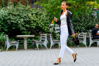black bag, black jacket, black shoes, chanel, denim pants, high heels, jeans, leather bag, leather jacket, leather shoes, sunglasses, trousers, white denim, white tank top, giorgia fowler, model, fashion week, frenchystyle, FW, jonathan paciullo, street style, NYFW, NEW YORK, SPRING SUMMER 2019, SS 19, atmosphere details, horizontal, full length