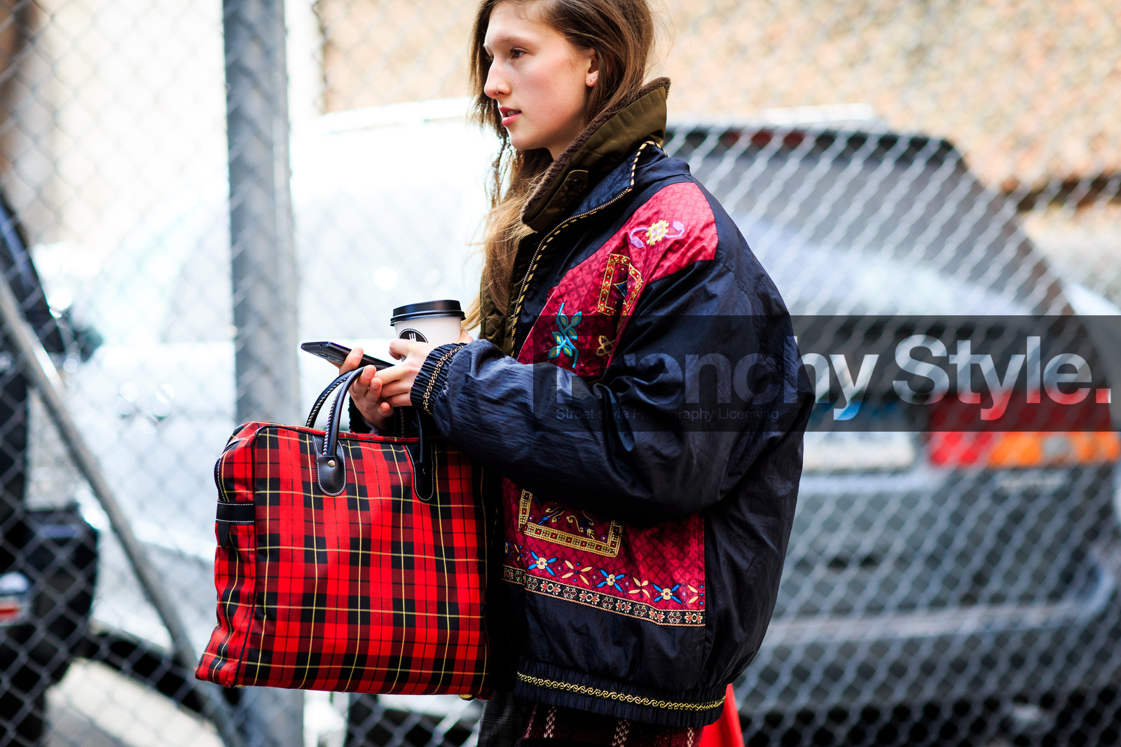 atmosphere details, AUTUMN WINTER 2016-2017, AW 16-17, black, black and red, black jacket, bomber jacket, detail, embroidered jacket, FALL WINTER 2016-2017, fashion week, frenchystyle, FW, FW 16-17, horizontal, jonathan paciullo, model, NEW YORK, NYFW, plaid, printed bag, printed jacket, red, red bag, red jacket, street style, tartan, woman, yellow