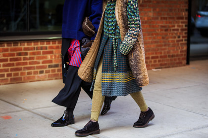 atmosphere details, AUTUMN WINTER 2016-2017, AW 16-17, black boots, black pants, blue sweater, brown jacket, detail, embroidered dress, fashion week, frenchystyle, FW, FW 16-17, green dress, group of people, horizontal, jonathan paciullo, leather boots, navy sweater, NEW YORK, NYFW, sheep fur, street style, striped shirt, varnished leather shoes, vest, white beanie, white fur, woman, wool dress