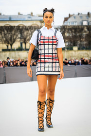 mini dress, dior, plaid dress, white dress, white shirt, laced ballerinas, black handbag, high bows hairstyle, sarah lysander, fashion week, frenchystyle, FW, jonathan paciullo, street style, AUTUMN WINTER 2022-2023, FALL WINTER 2022_2023, FW 22-23, PFW, PARIS, vertical, full length