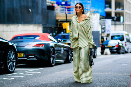black bag, christian dior, graphic bag, graphic pants, graphic shirt, green pants, green shirt, leather bag, monogram, pajamas, printed bag, printed pants, printed shirt, saddle bag, striped pants, striped shirt, sunglasses, trousers, fashion week, frenchystyle, FW, jonathan paciullo, street style, LFW, LONDON, SPRING SUMMER 2019, SS 19, atmosphere details, horizontal, full length