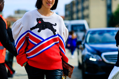 animal print, atmosphere details, black pants, detail, eva chen, fashion week, frenchystyle, FW, graphic sweater, horizontal, jonathan paciullo, leather pants, MFW, MILAN, printed sweater, red sweater, SPRING SUMMER 2017, SS 17, street style, striped sweater, trousers, white sweater