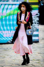 light pink dress, long dress, fringe dress, printed bag, floral printed bag, chloe bag, golden chain strap bag, blue leather bag, red scarf, chain printed scarf, black coat, black suede boots, PARIS, PFW, fashion week, frenchystyle, FW, jonathan paciullo, street style, SPRING SUMMER 2021, SS 21, vertical, full length