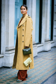 beige coat, brown pants, fendi, green bag, julia haghjoo, leather bag, leather shoes, trousers, white bag, street style, jonathan paciullo, FW, frenchystyle, fashion week, LFW, LONDON, AUTUMN WINTER 2019-2020, AW 19-20, FW 19-20, FALL WINTER 2019-2020, vertical, full length