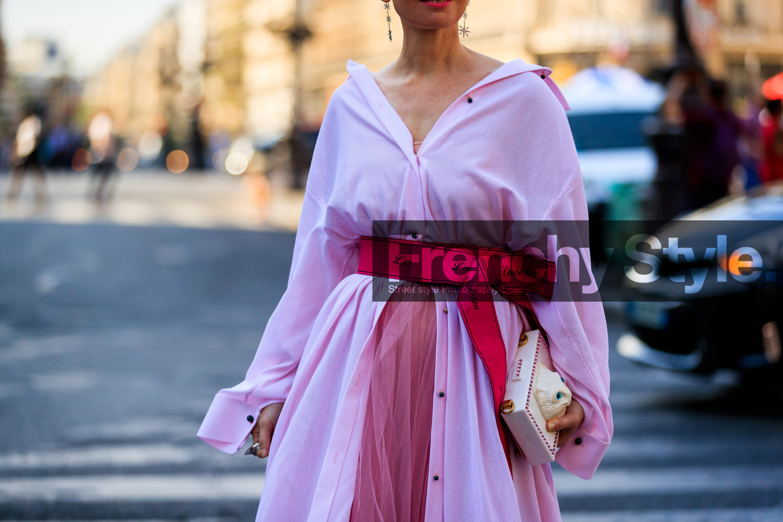 animal print, graphic bag, leather bag, pink belt, pink dress, pink shirt, tulle, white bag, fashion week, frenchystyle, FW, jonathan paciullo, street style, PFW, PARIS, atmosphere details, horizontal, detail, AUTUMN WINTER 2018-2019, FALL WINTER 2018-2019, FW 18-19