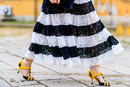 atmosphere details, black and white, detail, fashion week, frenchystyle, FW, graphic skirt, high heels, horizontal, jonathan paciullo, lace skirt, leather bag, leather shoes, MFW, MILAN, prada, printed skirt, SPRING SUMMER 2017, SS 17, street style, striped skirt, yellow sandals