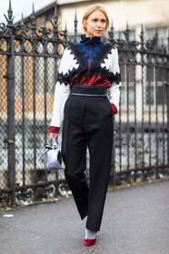 AUTUMN WINTER 2016-2017, AW 16-17, black pants, embroidered sweater, FALL WINTER 2016-2017, fashion week, frenchystyle, full length, FW, FW 16-17, high heels, high waist, jonathan paciullo, leather bag, loewe, metallic bag, PARIS, pernille teisbaek, PFW, red shoes, shiny bag, shiny socks, silver bag, street style, trousers, vertical, white sweater