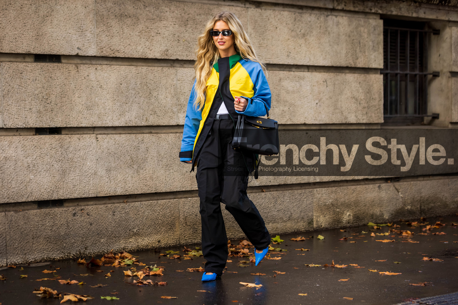 bag, black bag, black pants, black sunglasses, blue jacket, blue shoes, cap, color, Emili Sindlev, hermes bag, jacket, lacoste jacket, lacoste look, leather bag, pants, sunglasses, yellow jacket, lacoste, fashion week, frenchystyle, FW, jonathan paciullo, street style, PFW, PARIS, SPRING SUMMER 2022, SS 22, horizontal, atmosphere details, full length