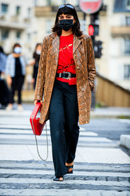 maria bernad, red top, red blouse, red leather bag, openwork blouse, openwork top, laced blouse, laced top, animal skin jacket, snake skin jacket, camel leather jacket, camel jacket, leather jacket, long jacket, belted blouse, belted top, black leather belt, cowboy belt, belt bag, prada bag, prada belt, mini bag, square shape bag, silvered chain strap bag, hand bag, hoop earrings, golden earrings, coperni bag, black leather sandals, open toe shoes, squared toe shoes, dark grey pants, striped pants, flare pants, covid face mask, fashion week, frenchystyle, FW, jonathan paciullo, street style, PFW, PARIS, SPRING SUMMER 2021, SS 21, vertical, full length