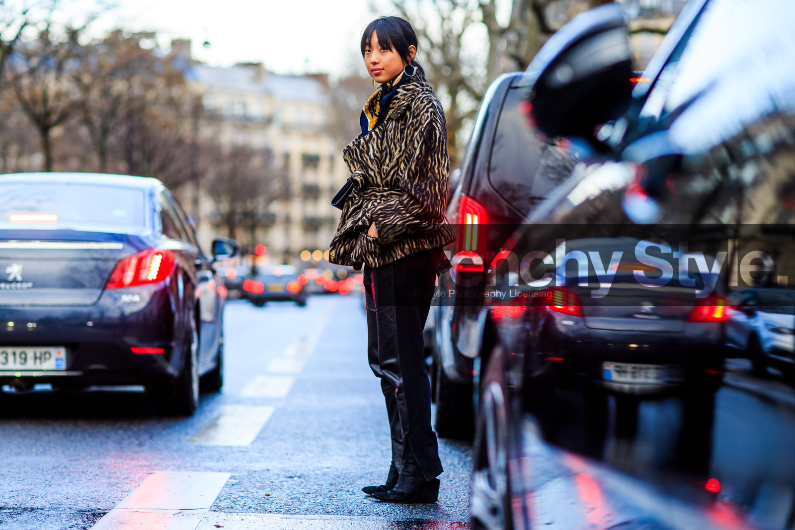 animal print, atmosphere details, AUTUMN WINTER 2016-2017, AW 16-17, black boots, black pants, brown jacket, earrings, FALL WINTER 2016-2017, fashion week, frenchystyle, full length, FW, FW 16-17, horizontal, jonathan paciullo, leather boots, leather pants, leopard print, margaret, zhang, PARIS, PFW, printed jacket, street style, suede shoes, tied up scarf, yellow scarf, zebra