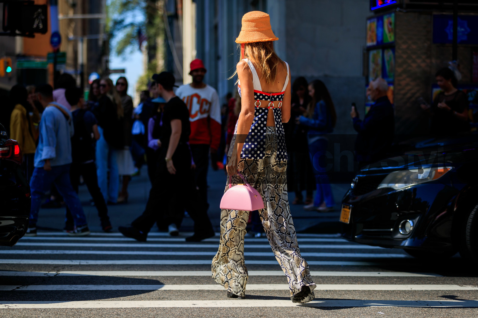 graphic skirt, printed skirt, sunglasses, animal print, blue top, graphic skirt, graphic top, orange hat, polka dot, printed skirt, printed top, snake print, fashion week, frenchystyle, FW, jonathan paciullo, street style, NEW YORK, NYFW, SPRING SUMMER 2020, SS 20, horizontal, atmosphere details, full length