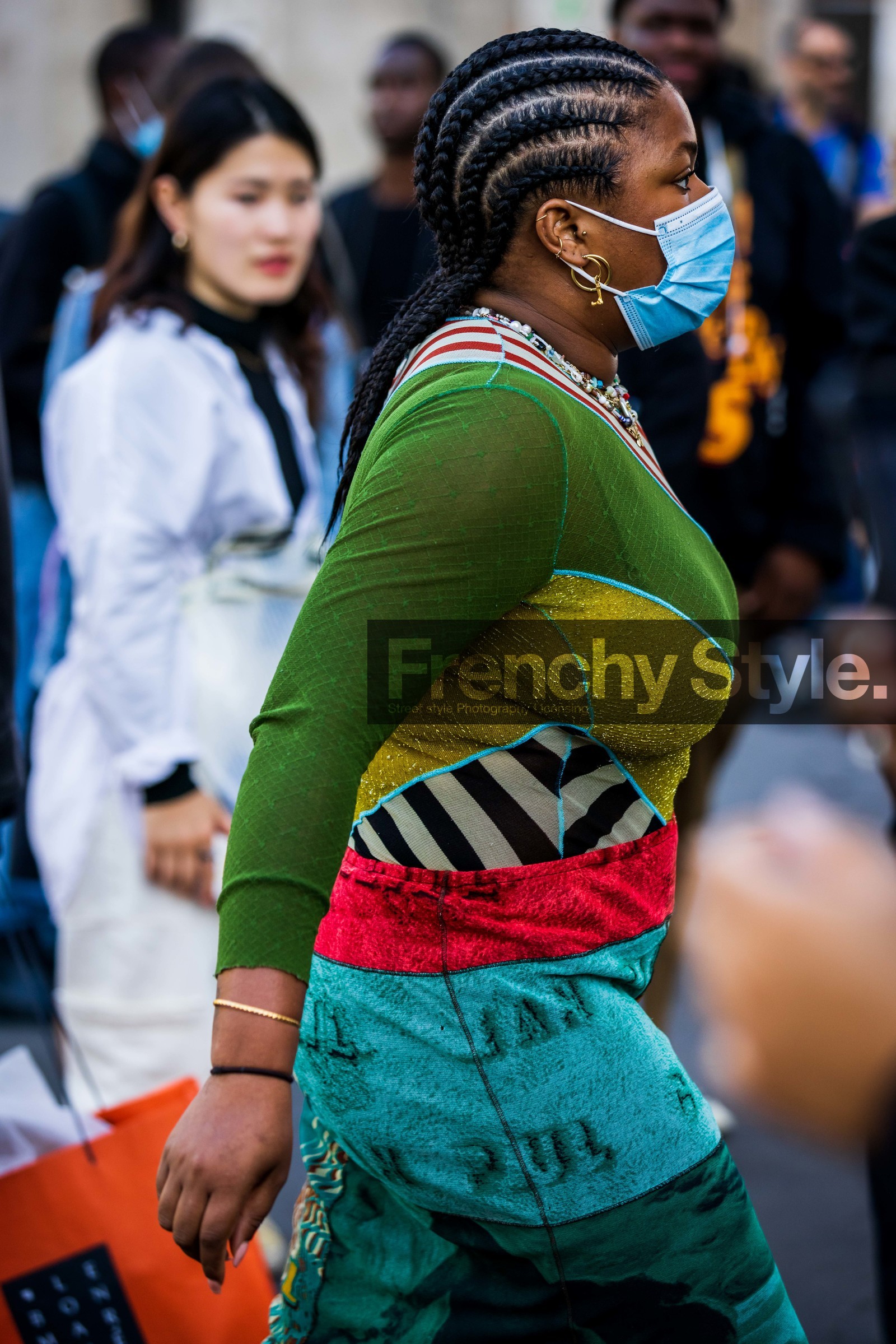 bag, black bag, black boots, boots, color, dots, dress, gold necklace, green dress, jean paul gaultier dress, leather bag, loewe bag, long dress, multicolor, necklace, patchwork, print, printed dress, stripes, studs boots, transparent dress, vinyl boots, fashion week, frenchystyle, FW, jonathan paciullo, street style, PFW, PARIS, SPRING SUMMER 2022, SS 22, vertical, atmosphere details