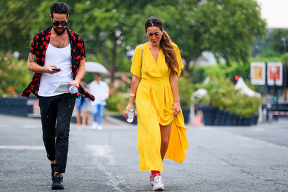 black pants, black shirt, black shoes, graphic shirt, leather shoes, printed shirt, red shirt, red socks, sunglasses, trousers, white sneakers, white tank top, yellow dress, fashion week, frenchystyle, FW, jonathan paciullo, street style, PFW, PARIS, atmosphere details, horizontal, full length, AUTUMN WINTER 2018-2019, FALL WINTER 2018-2019, FW 18-19